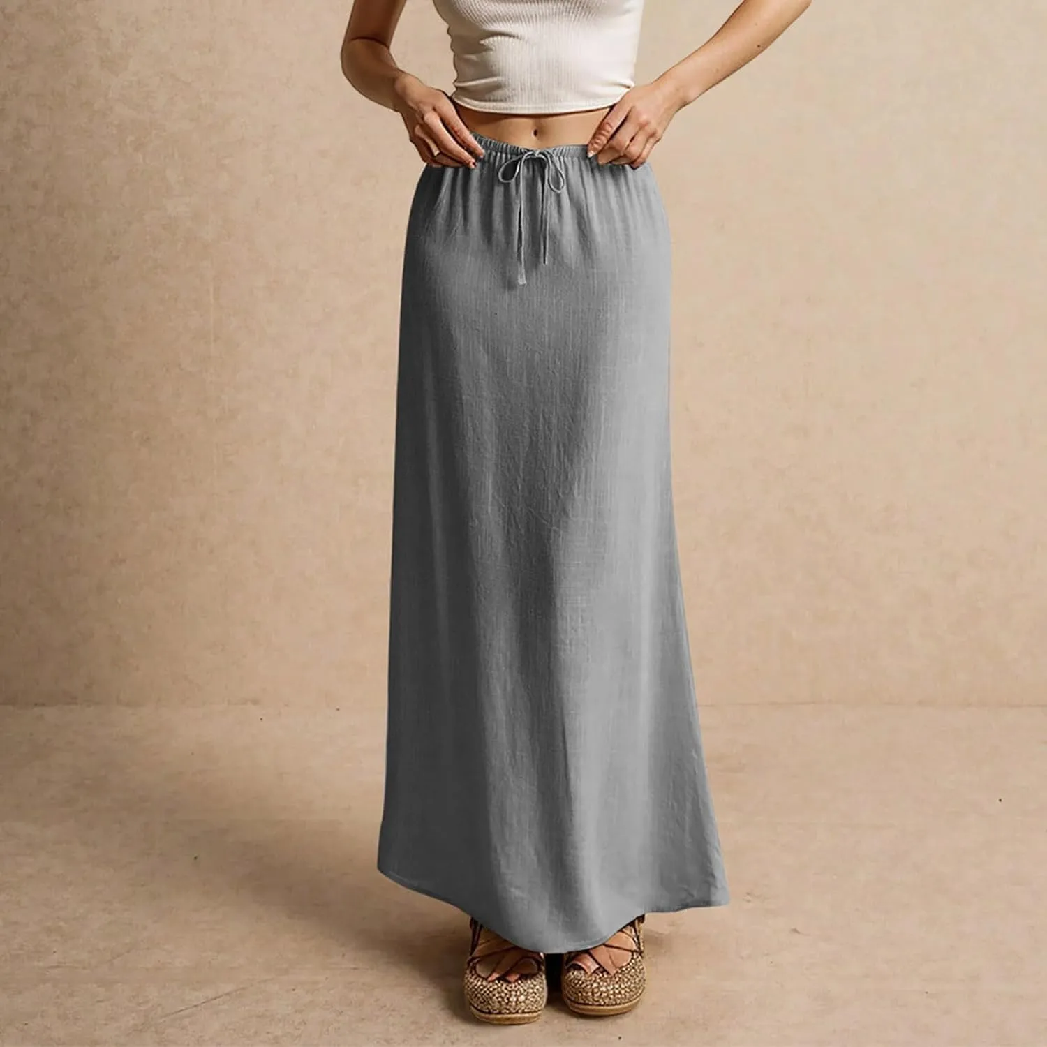 Linen Maxi Skirts for Women Trendy Summer Comfy Drawstring Waist A Line Skirts Cute Vacation Boho Long Flowy Skirts