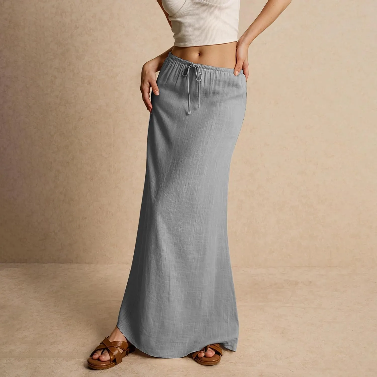 Linen Maxi Skirts for Women Trendy Summer Comfy Drawstring Waist A Line Skirts Cute Vacation Boho Long Flowy Skirts