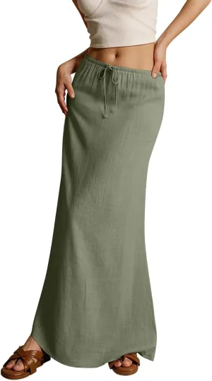 Linen Maxi Skirts for Women Trendy Summer Comfy Drawstring Waist A Line Skirts Cute Vacation Boho Long Flowy Skirts