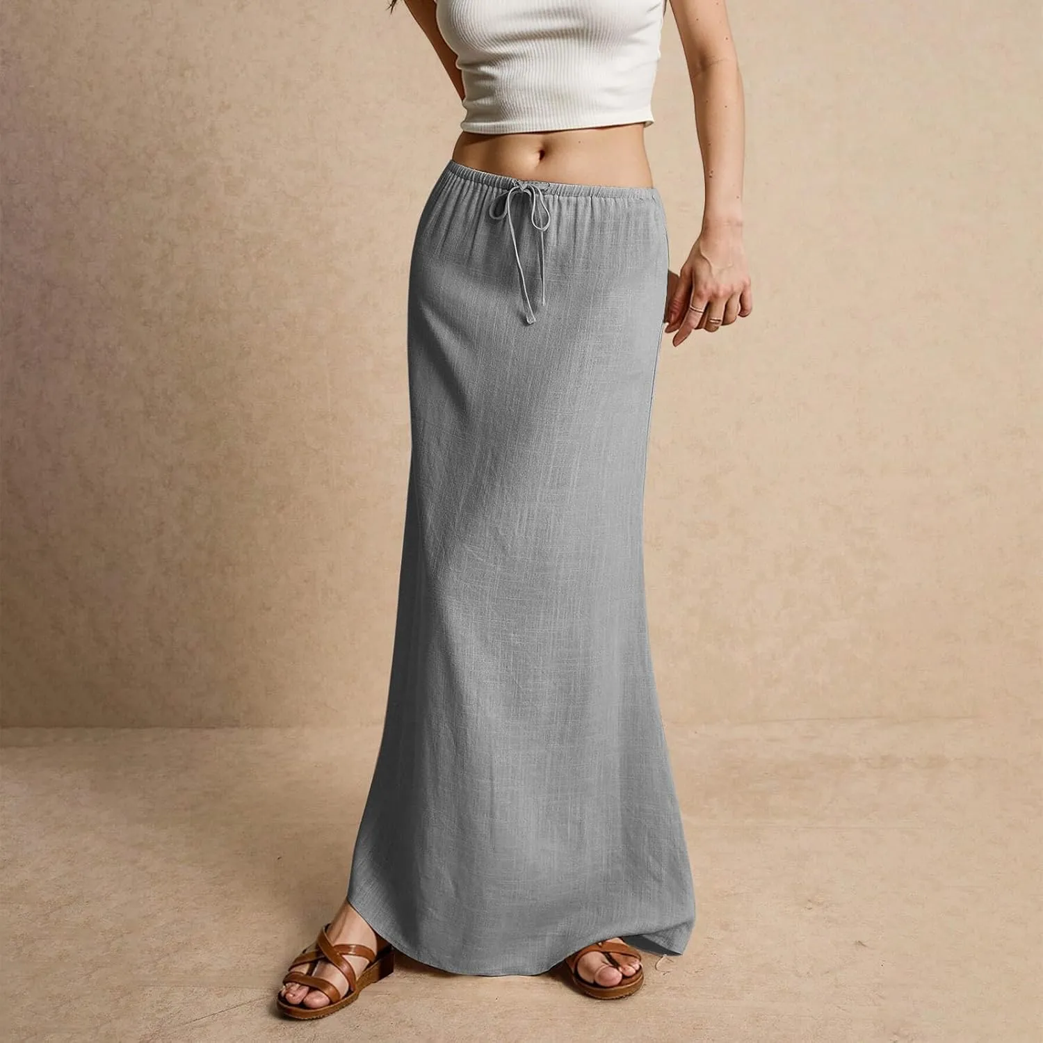 Linen Maxi Skirts for Women Trendy Summer Comfy Drawstring Waist A Line Skirts Cute Vacation Boho Long Flowy Skirts
