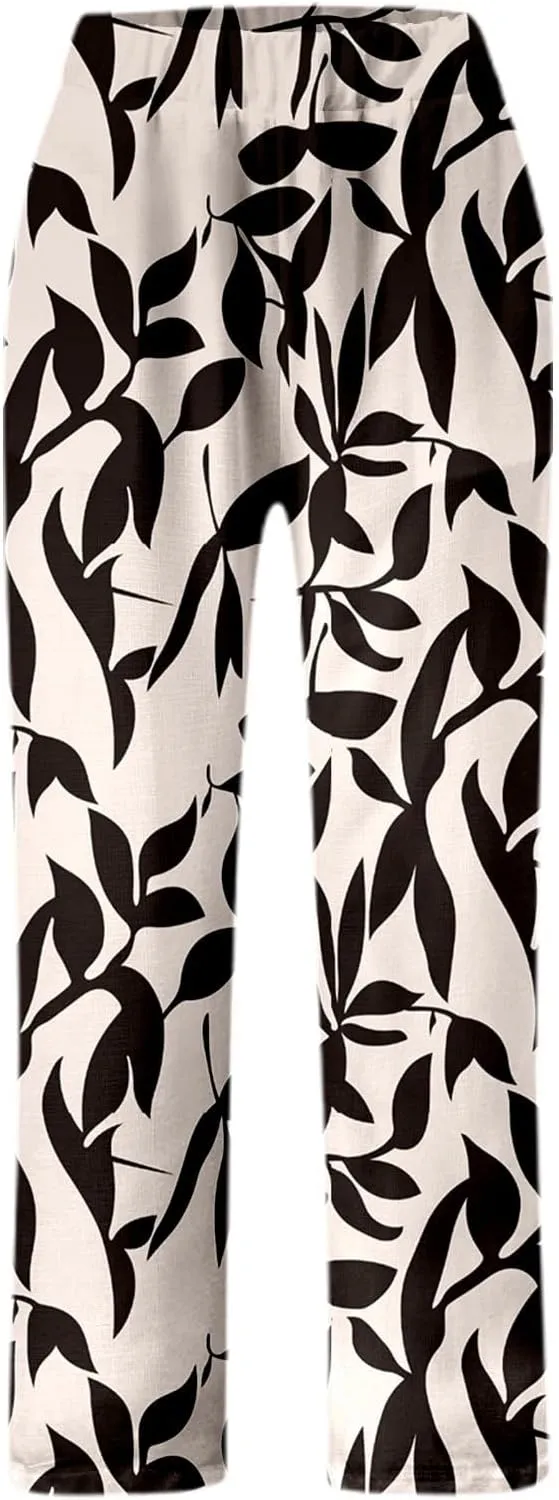 Linen Pants for Women Vintage Casual Summer Straight Leg Trousers Elastic Waist High Waisted Trendy Pants with Pockets