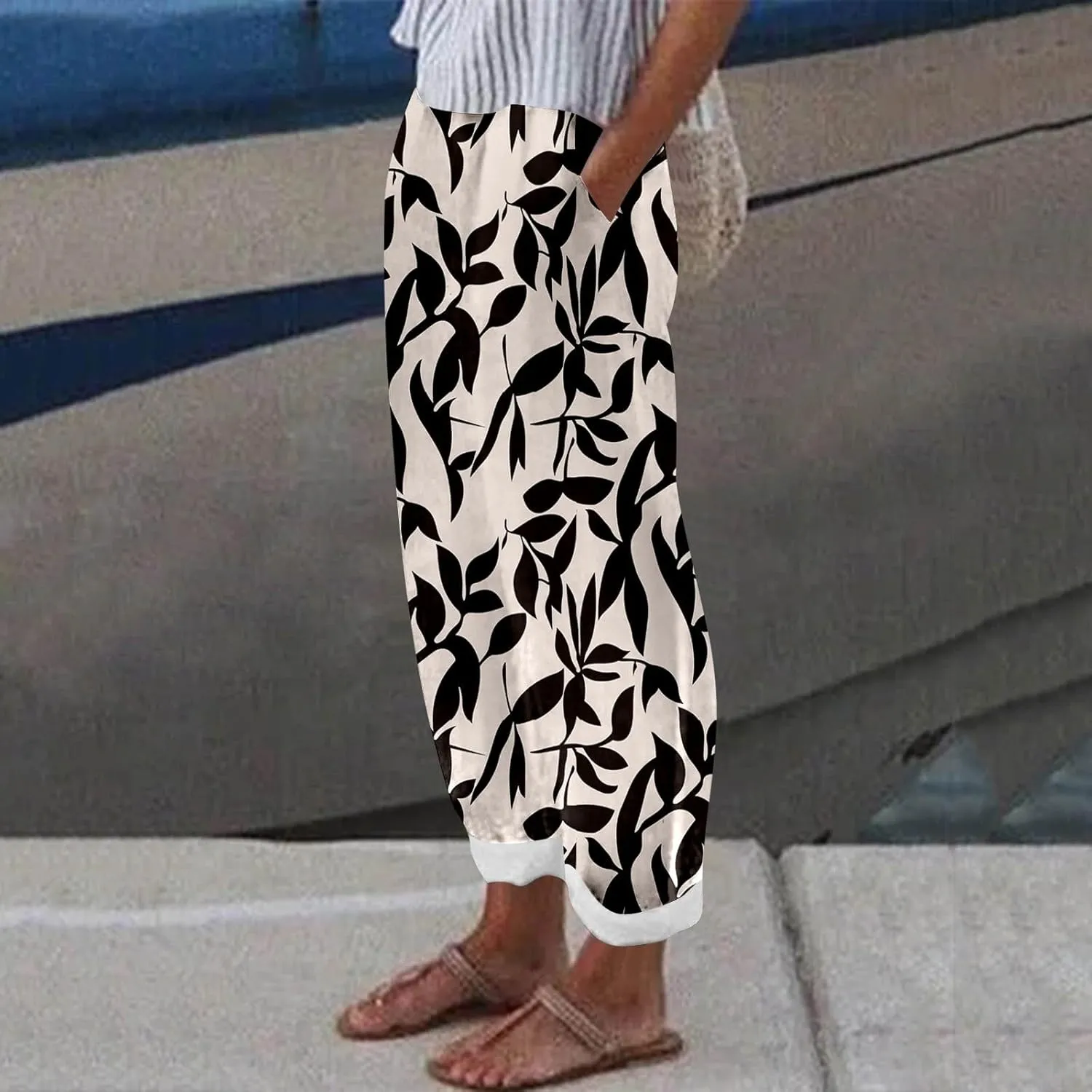 Linen Pants for Women Vintage Casual Summer Straight Leg Trousers Elastic Waist High Waisted Trendy Pants with Pockets