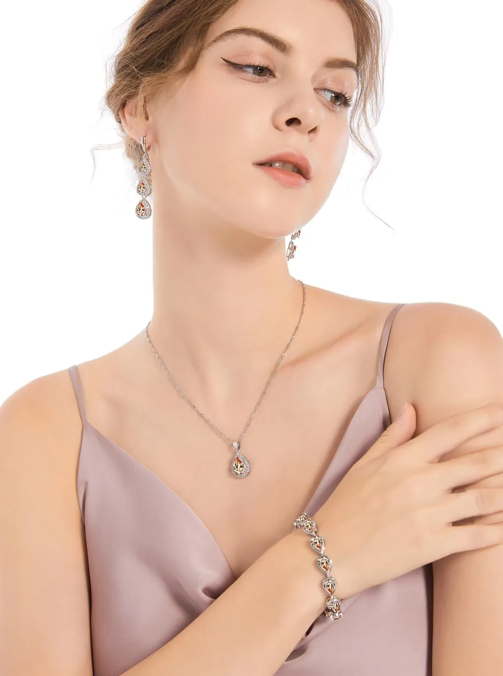 LMXXVJ Necklace Long Earrings Bracelet Set, White Gold Plated Created Blue Sapphire Jewelry Set Wedding Party Gift Jewelry for Women Bridal Bridesmaid