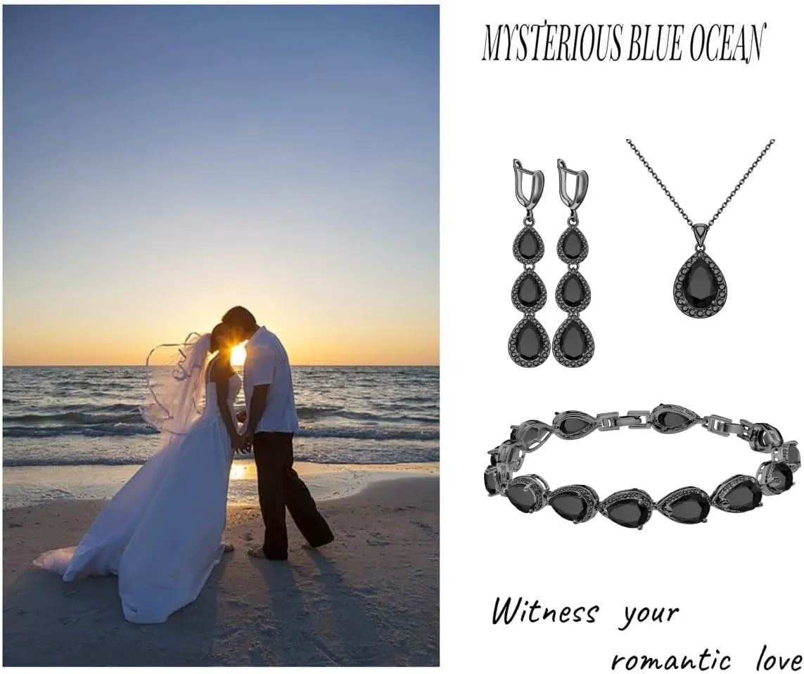 LMXXVJ Necklace Long Earrings Bracelet Set, White Gold Plated Created Blue Sapphire Jewelry Set Wedding Party Gift Jewelry for Women Bridal Bridesmaid
