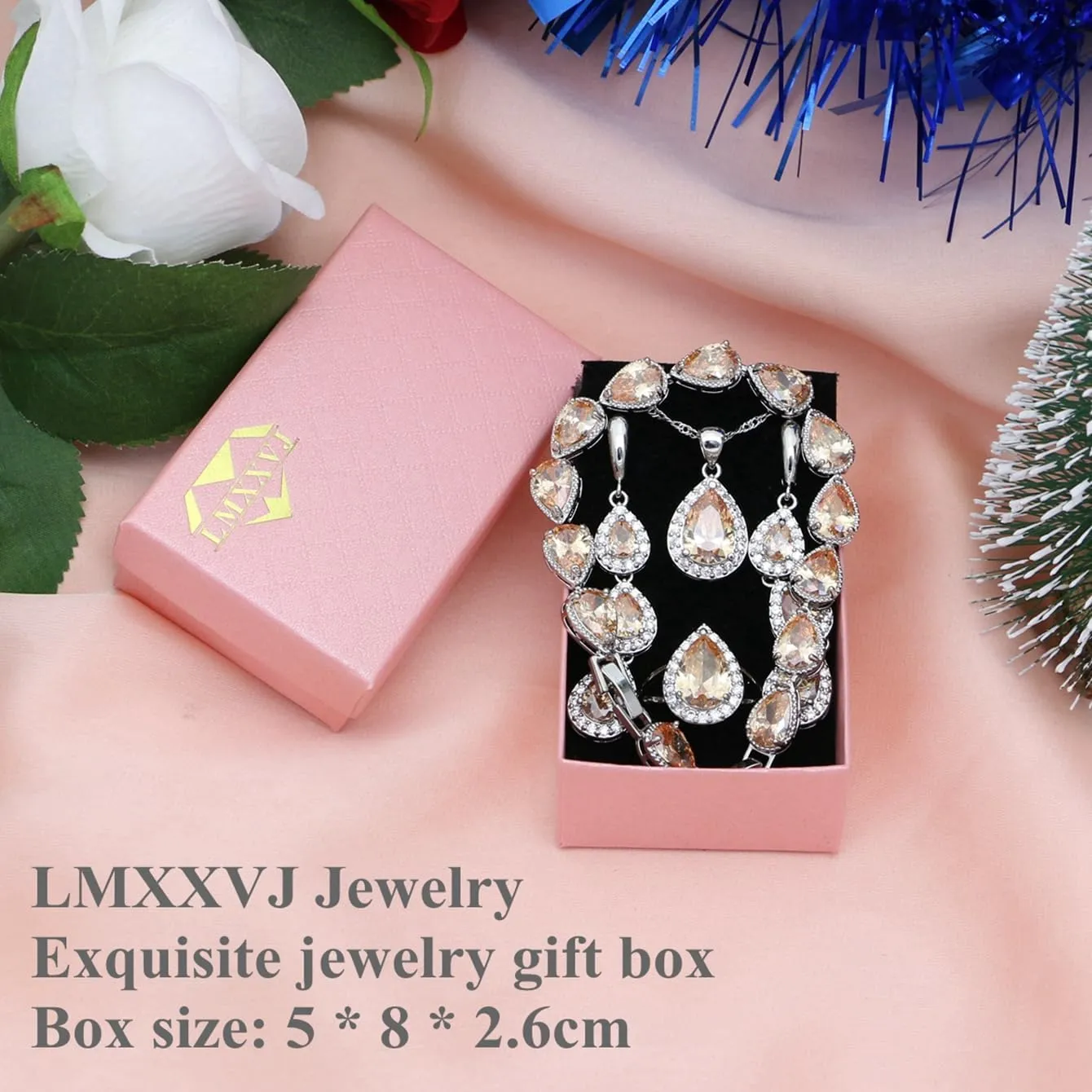 LMXXVJ Necklace Long Earrings Bracelet Set, White Gold Plated Created Blue Sapphire Jewelry Set Wedding Party Gift Jewelry for Women Bridal Bridesmaid