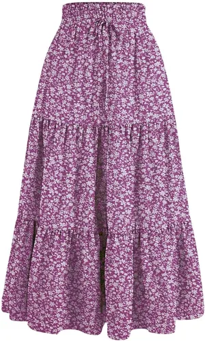 Long Skirts for Women Trendy Floral Flowy Boho A Line Maxi Skirt High Waisted Swing Tiered Casual Bottom