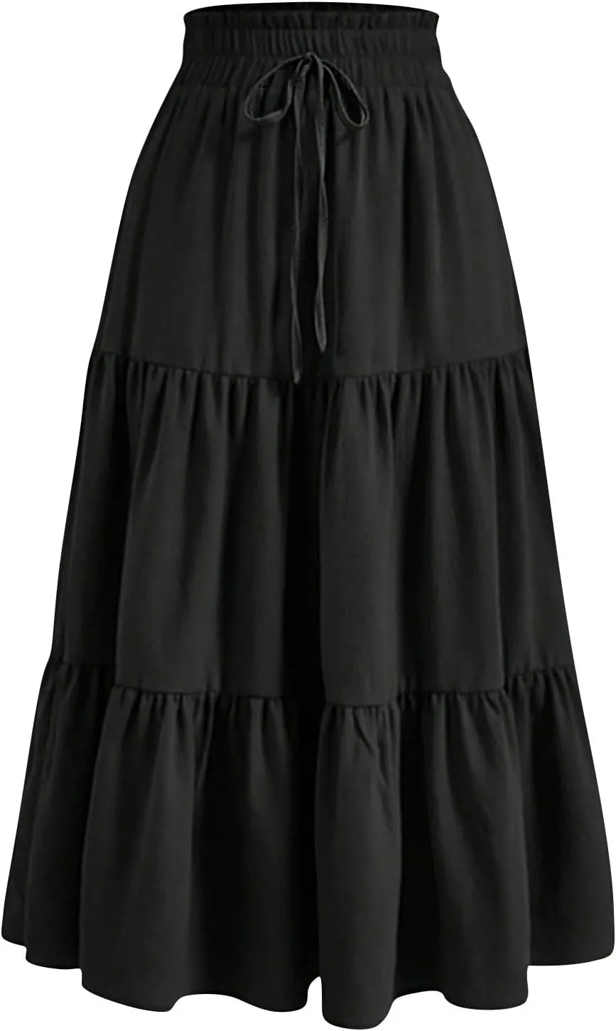 Long Skirts for Women Trendy Floral Flowy Boho A Line Maxi Skirt High Waisted Swing Tiered Casual Bottom
