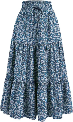 Long Skirts for Women Trendy Floral Flowy Boho A Line Maxi Skirt High Waisted Swing Tiered Casual Bottom