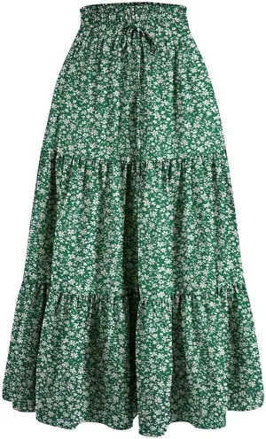 Long Skirts for Women Trendy Floral Flowy Boho A Line Maxi Skirt High Waisted Swing Tiered Casual Bottom