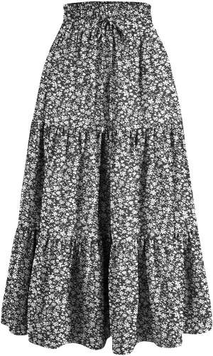 Long Skirts for Women Trendy Floral Flowy Boho A Line Maxi Skirt High Waisted Swing Tiered Casual Bottom