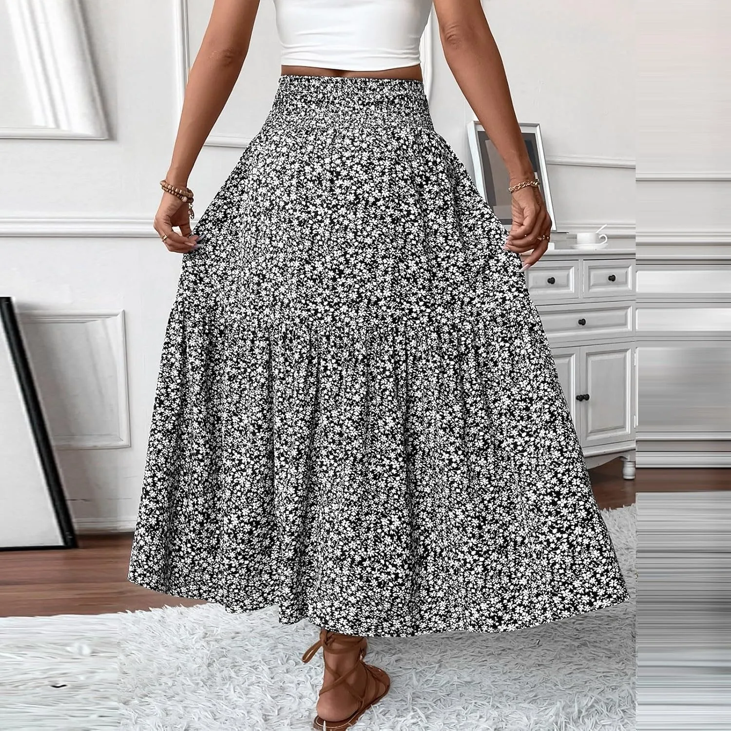 Long Skirts for Women Trendy Summer Flowy Floral Maxi Skirt Lightweight Elastic Smocked High Waisted A Line Skirts