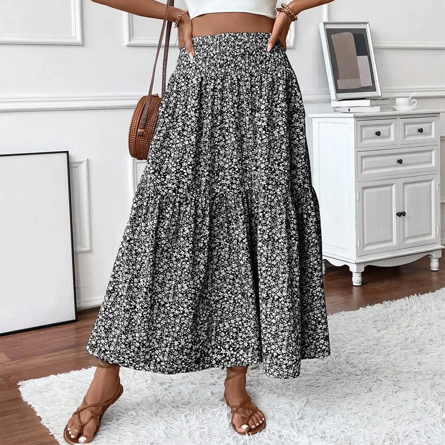 Long Skirts for Women Trendy Summer Flowy Floral Maxi Skirt Lightweight Elastic Smocked High Waisted A Line Skirts