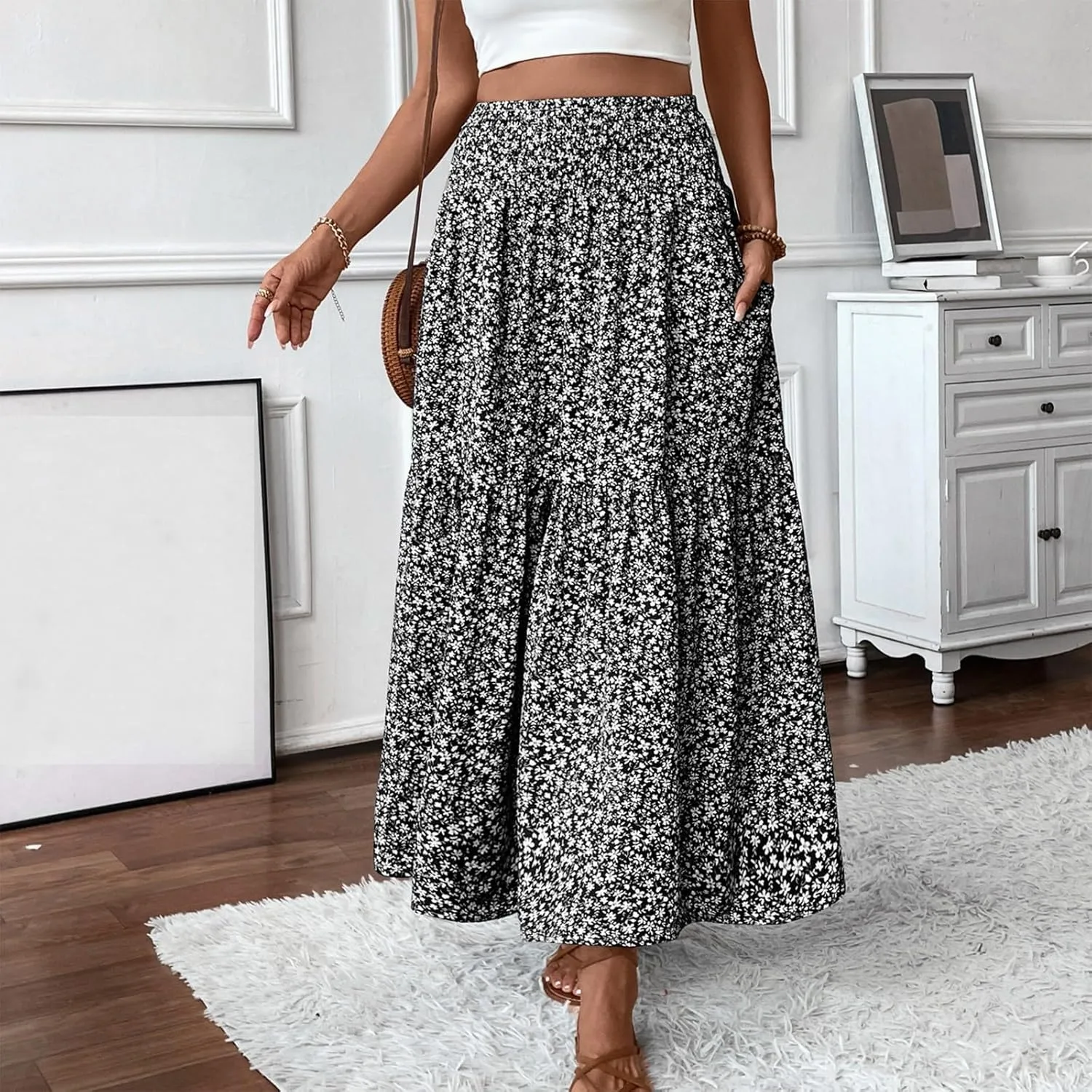 Long Skirts for Women Trendy Summer Flowy Floral Maxi Skirt Lightweight Elastic Smocked High Waisted A Line Skirts