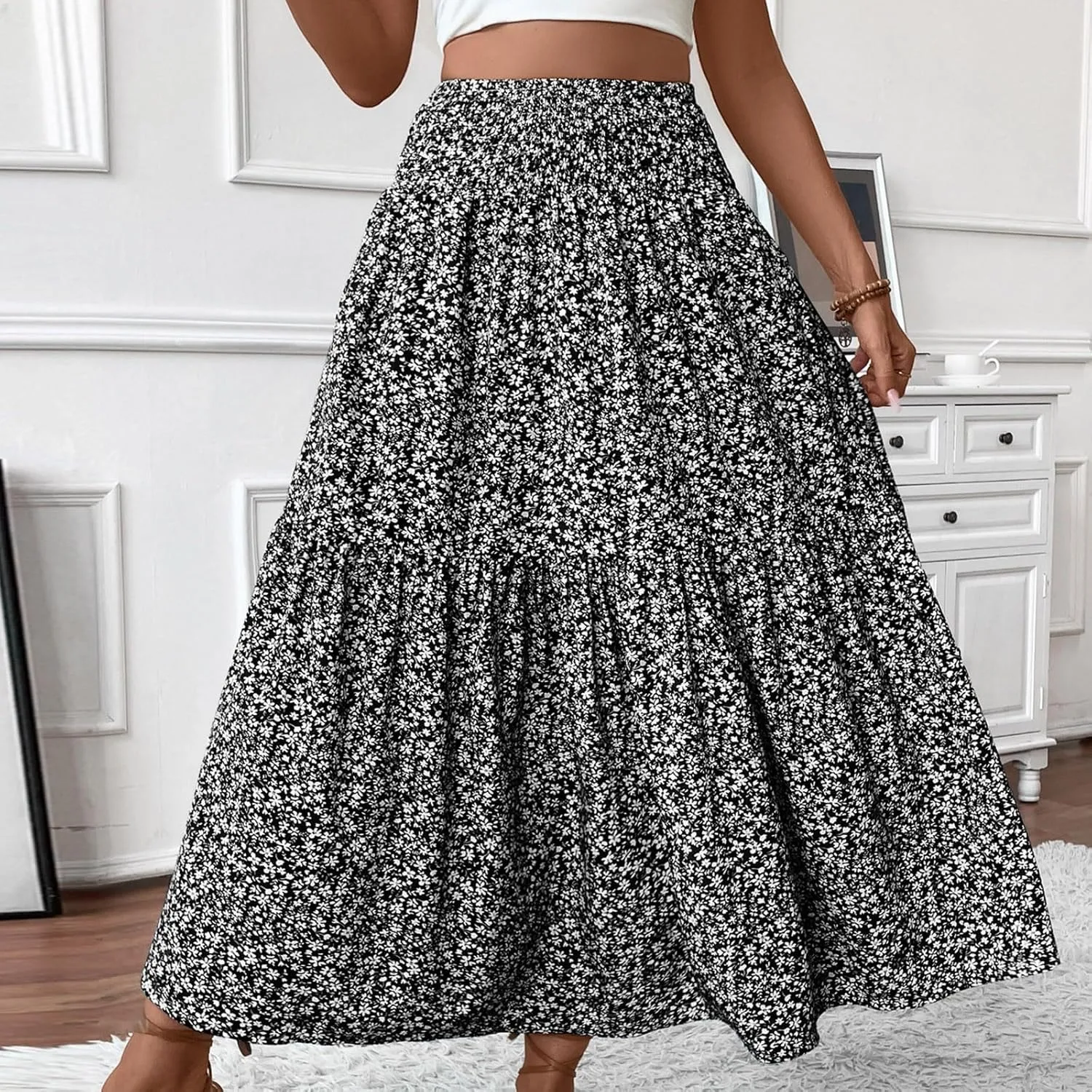 Long Skirts for Women Trendy Summer Flowy Floral Maxi Skirt Lightweight Elastic Smocked High Waisted A Line Skirts