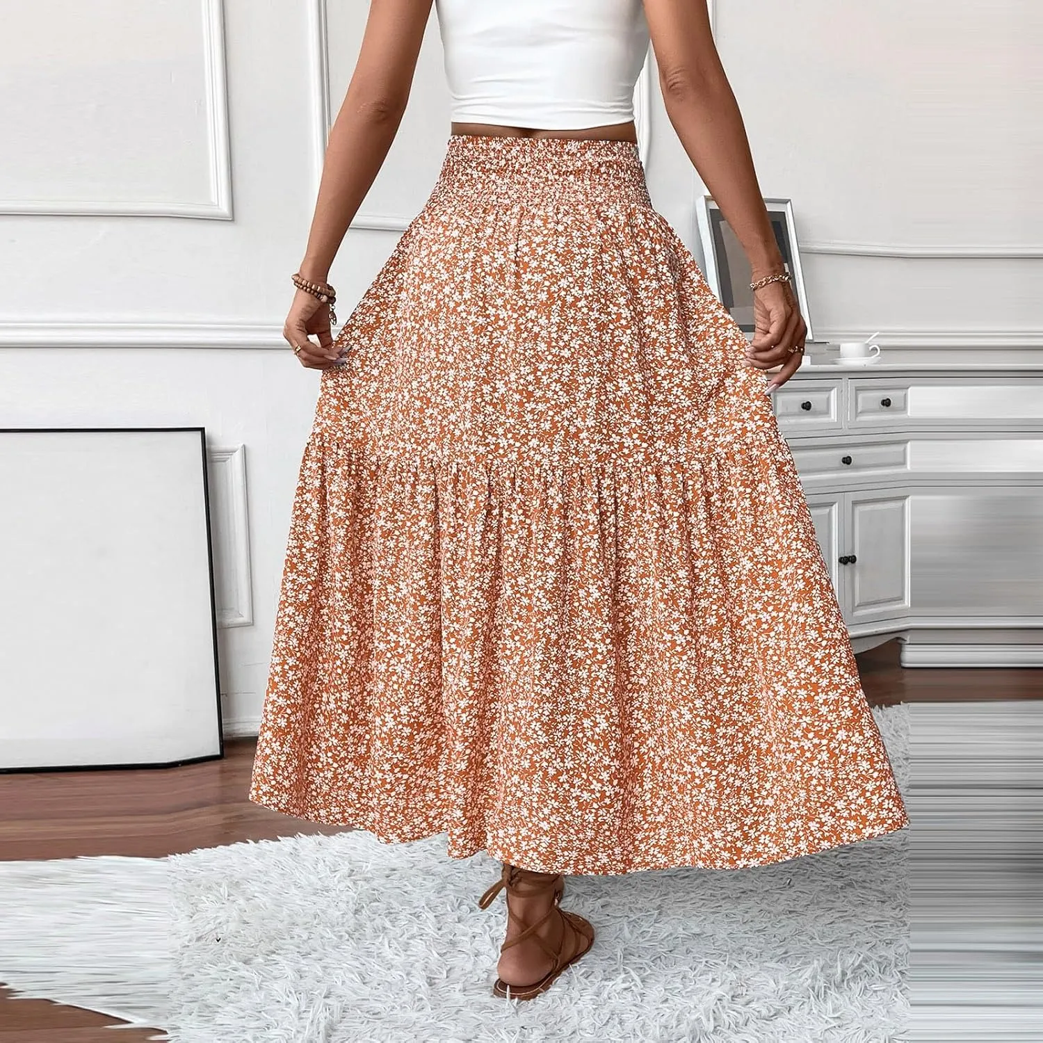 Long Skirts for Women Trendy Summer Flowy Floral Maxi Skirt Lightweight Elastic Smocked High Waisted A Line Skirts