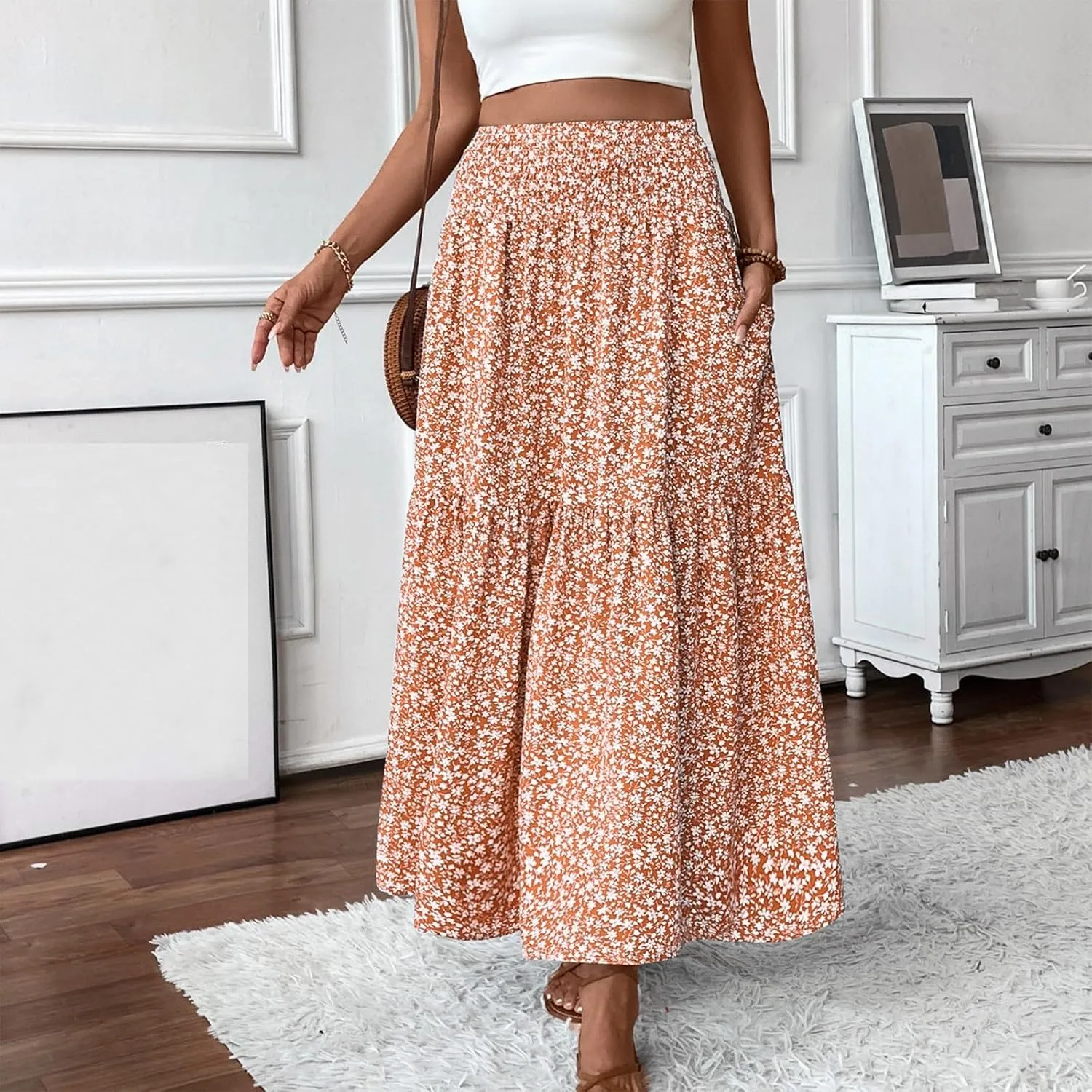 Long Skirts for Women Trendy Summer Flowy Floral Maxi Skirt Lightweight Elastic Smocked High Waisted A Line Skirts