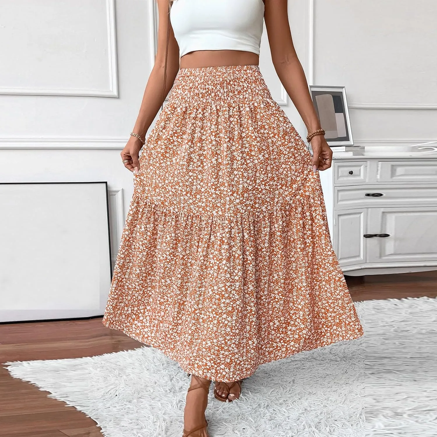 Long Skirts for Women Trendy Summer Flowy Floral Maxi Skirt Lightweight Elastic Smocked High Waisted A Line Skirts