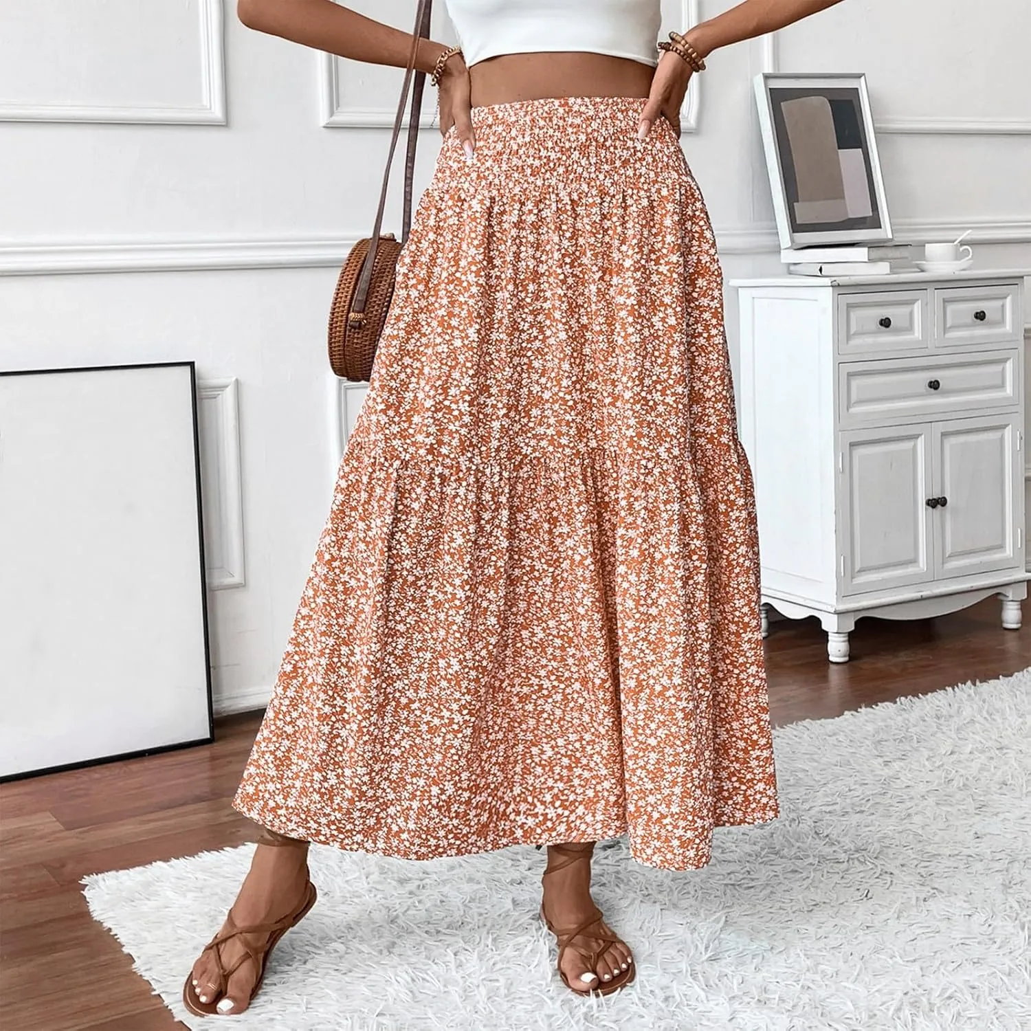 Long Skirts for Women Trendy Summer Flowy Floral Maxi Skirt Lightweight Elastic Smocked High Waisted A Line Skirts
