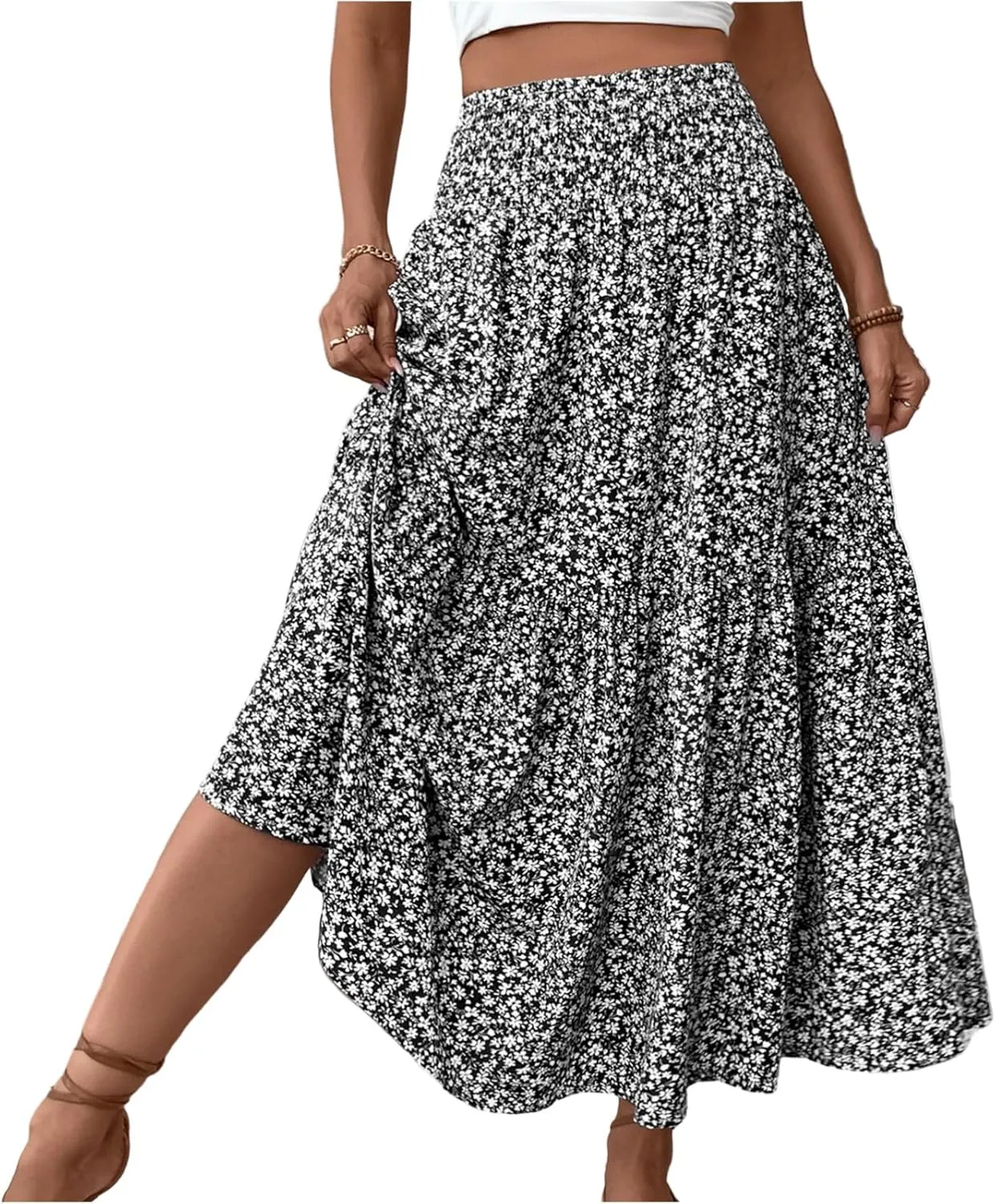 Long Skirts for Women Trendy Summer Flowy Floral Maxi Skirt Lightweight Elastic Smocked High Waisted A Line Skirts