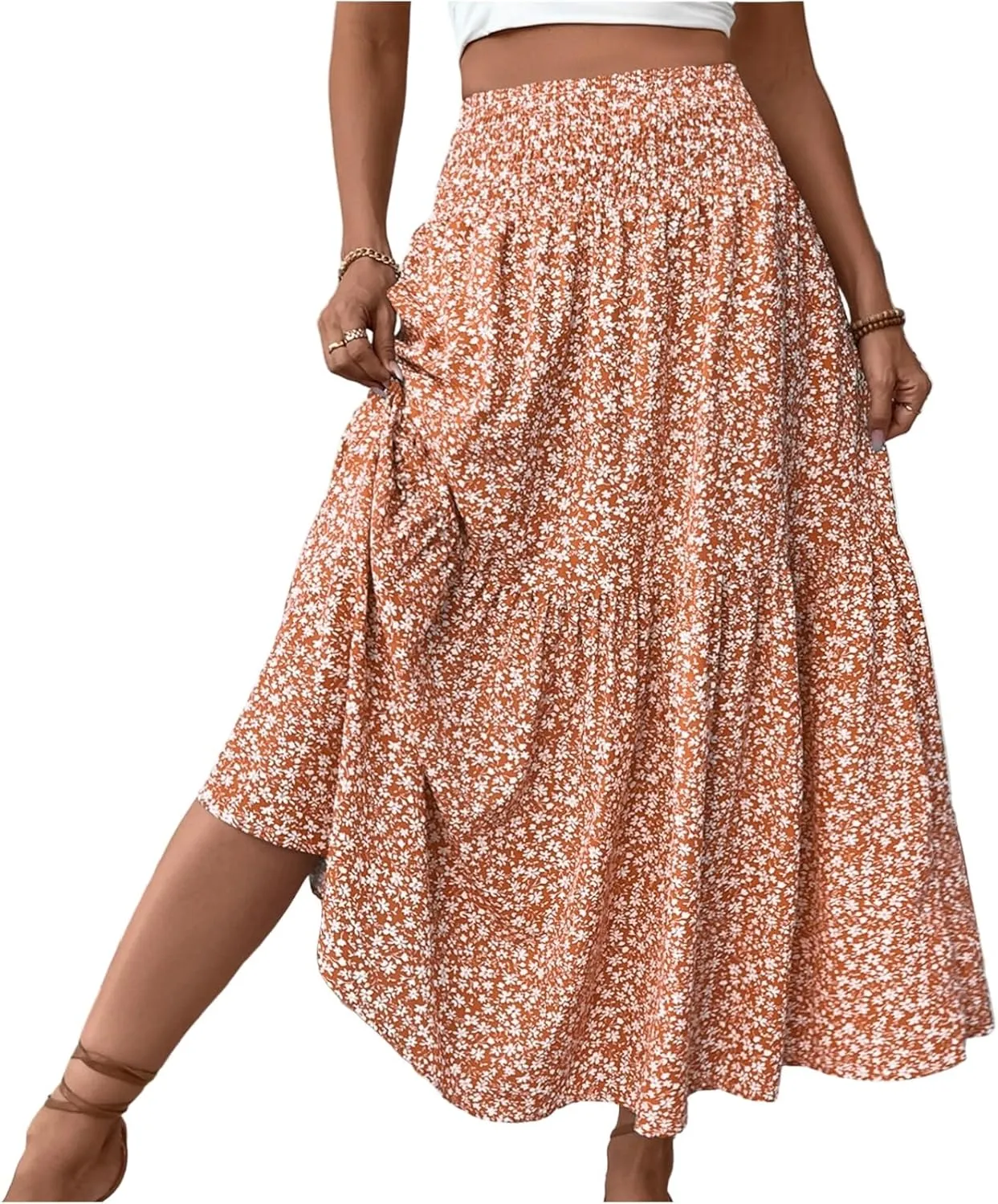 Long Skirts for Women Trendy Summer Flowy Floral Maxi Skirt Lightweight Elastic Smocked High Waisted A Line Skirts