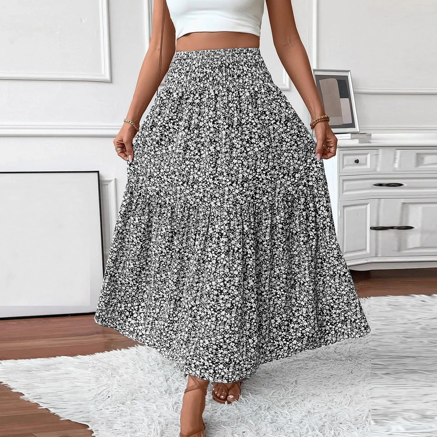 Long Skirts for Women Trendy Summer Flowy Floral Maxi Skirt Lightweight Elastic Smocked High Waisted A Line Skirts