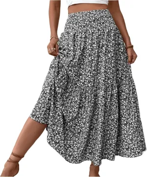 Long Skirts for Women Trendy Summer Flowy Floral Maxi Skirt Lightweight Elastic Smocked High Waisted A Line Skirts