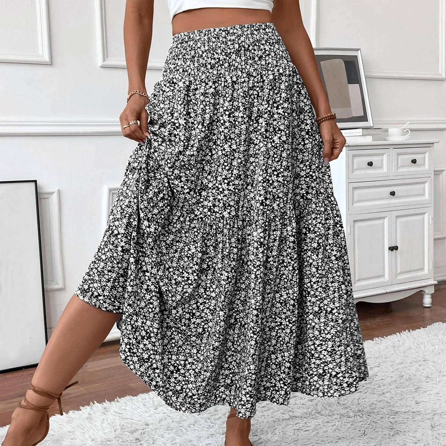Long Skirts for Women Trendy Summer Flowy Floral Maxi Skirt Lightweight Elastic Smocked High Waisted A Line Skirts