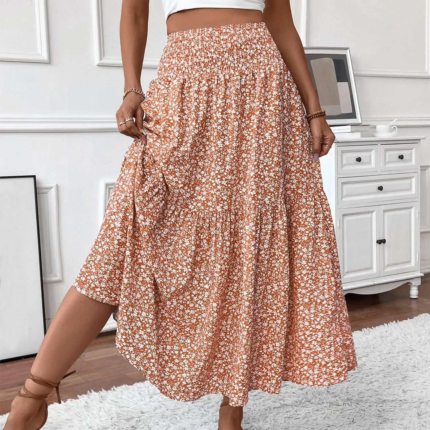 Long Skirts for Women Trendy Summer Flowy Floral Maxi Skirt Lightweight Elastic Smocked High Waisted A Line Skirts