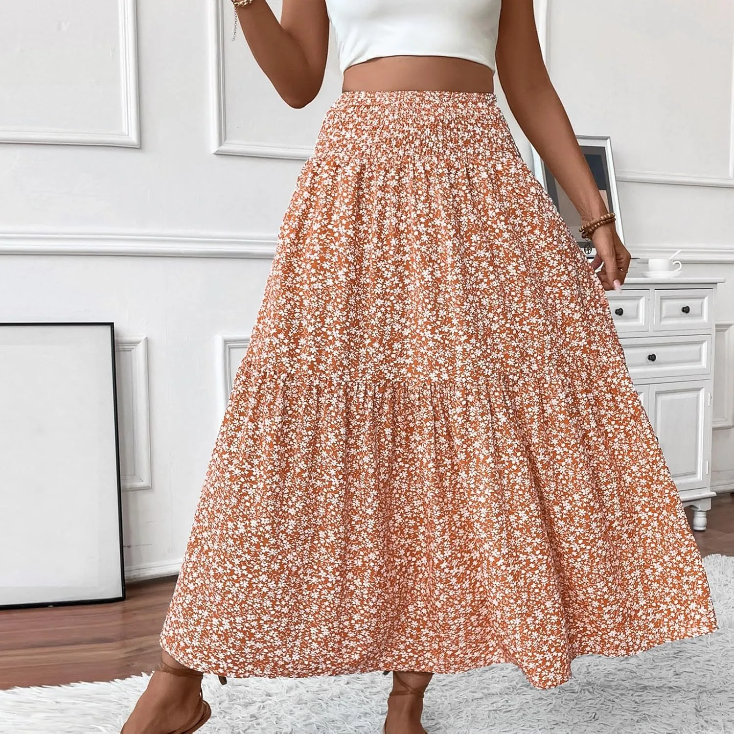 Long Skirts for Women Trendy Summer Flowy Floral Maxi Skirt Lightweight Elastic Smocked High Waisted A Line Skirts