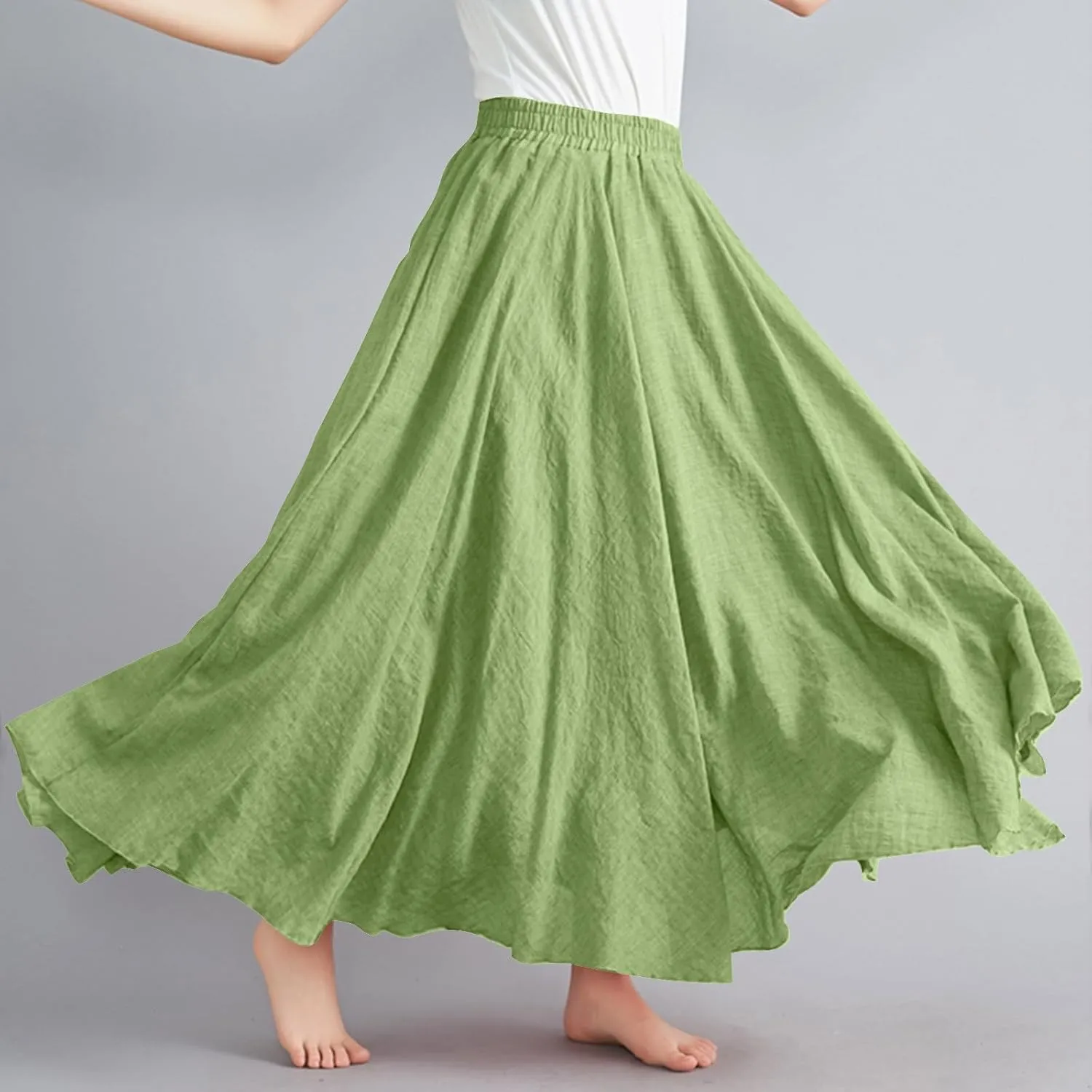 Long Skirts for Women Trendy Vacation Soft Flowy Beach Linen Maxi Skirt Full Length Elastic High Waisted Boho Skirt