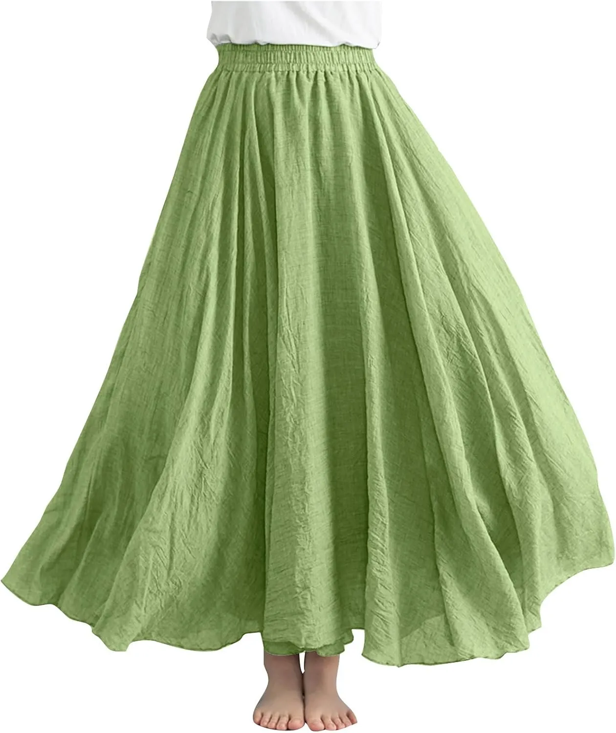 Long Skirts for Women Trendy Vacation Soft Flowy Beach Linen Maxi Skirt Full Length Elastic High Waisted Boho Skirt