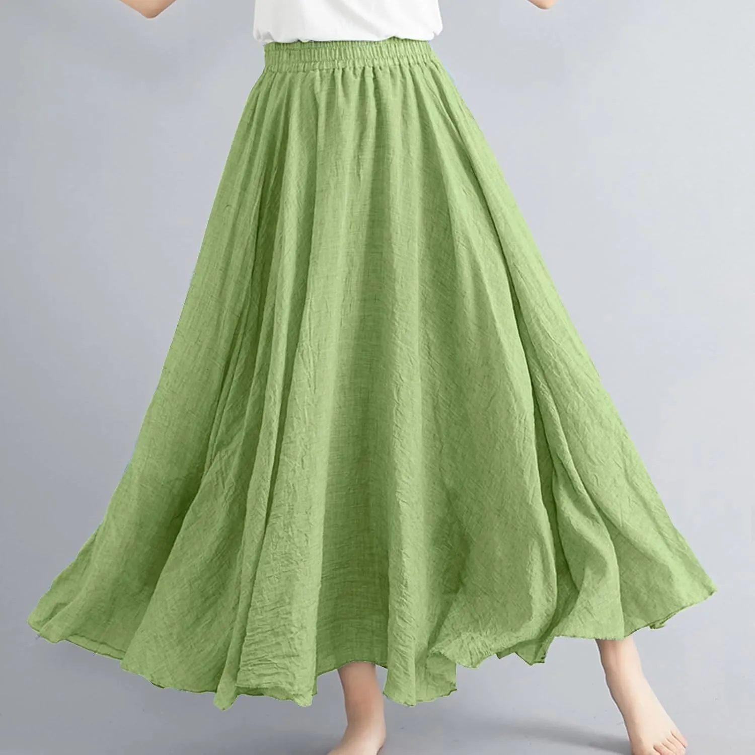 Long Skirts for Women Trendy Vacation Soft Flowy Beach Linen Maxi Skirt Full Length Elastic High Waisted Boho Skirt
