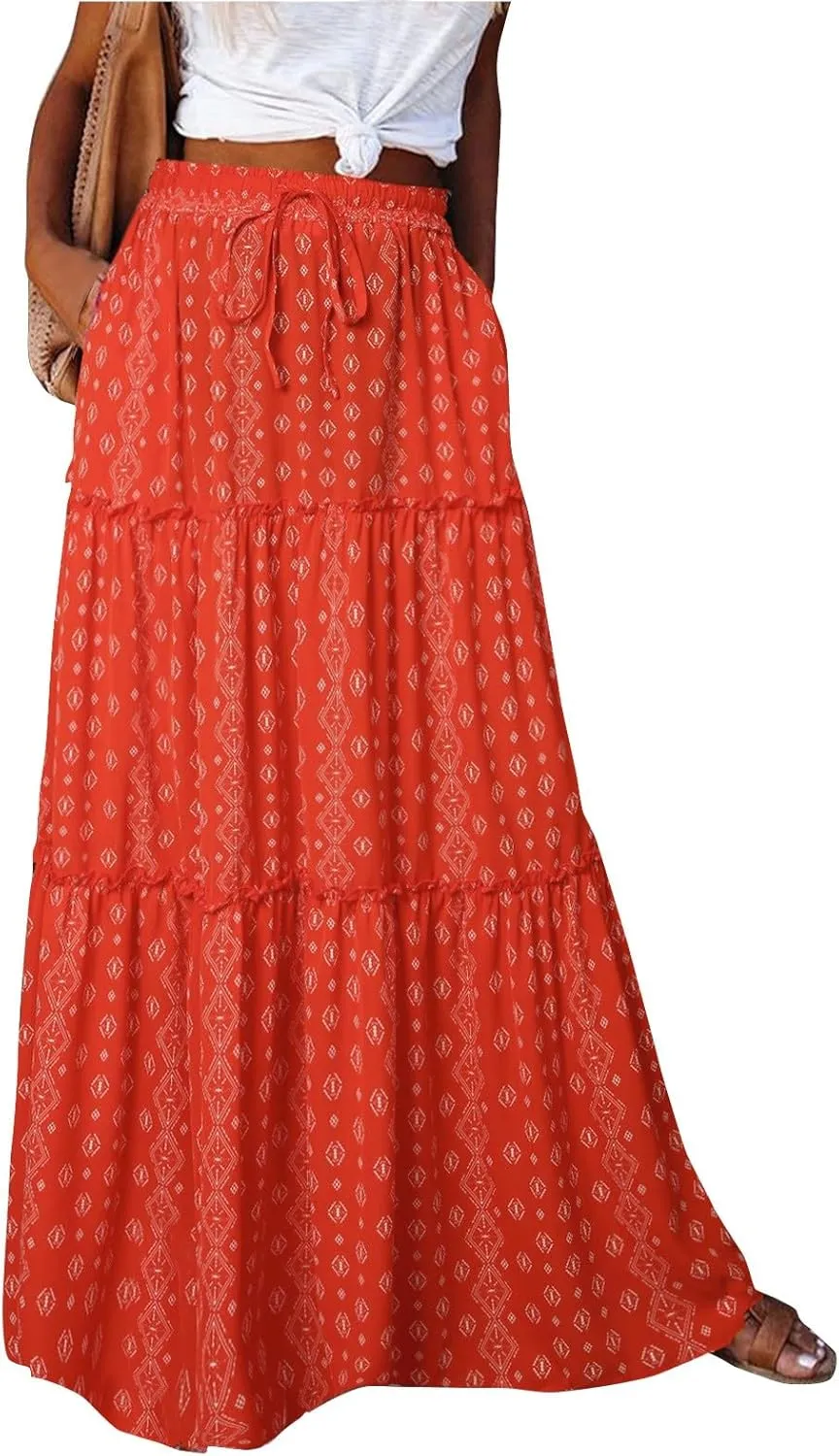 Long Skirts for Women Trendy Womens Boho Maxi Skirt Elastic High Waist Pleated Ruffle Flowy Long Skirts White Skirt S-XL