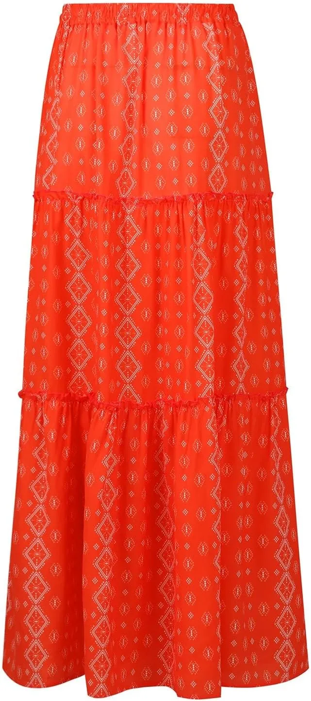 Long Skirts for Women Trendy Womens Boho Maxi Skirt Elastic High Waist Pleated Ruffle Flowy Long Skirts White Skirt S-XL