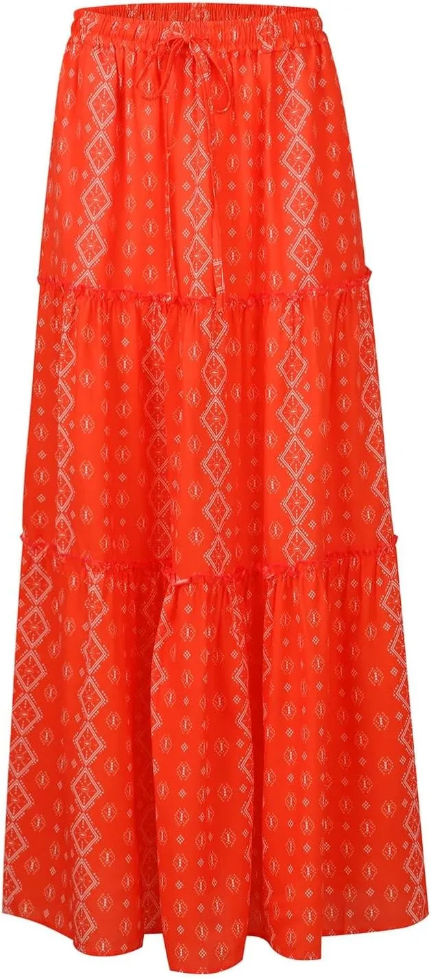 Long Skirts for Women Trendy Womens Boho Maxi Skirt Elastic High Waist Pleated Ruffle Flowy Long Skirts White Skirt S-XL