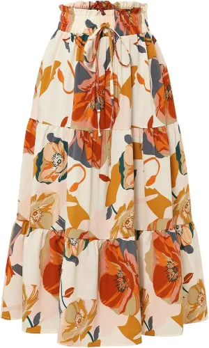 Long Summer Skirts Maxi Spring Flowy Boho Comfy Tiered Western Pleated Maxi Skirts for Women