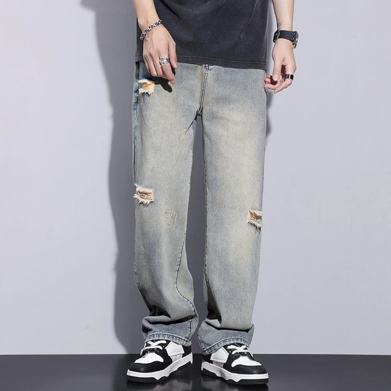 Loose Straight-Leg mop Pants, Wide-Leg Jeans, Men's Trousers