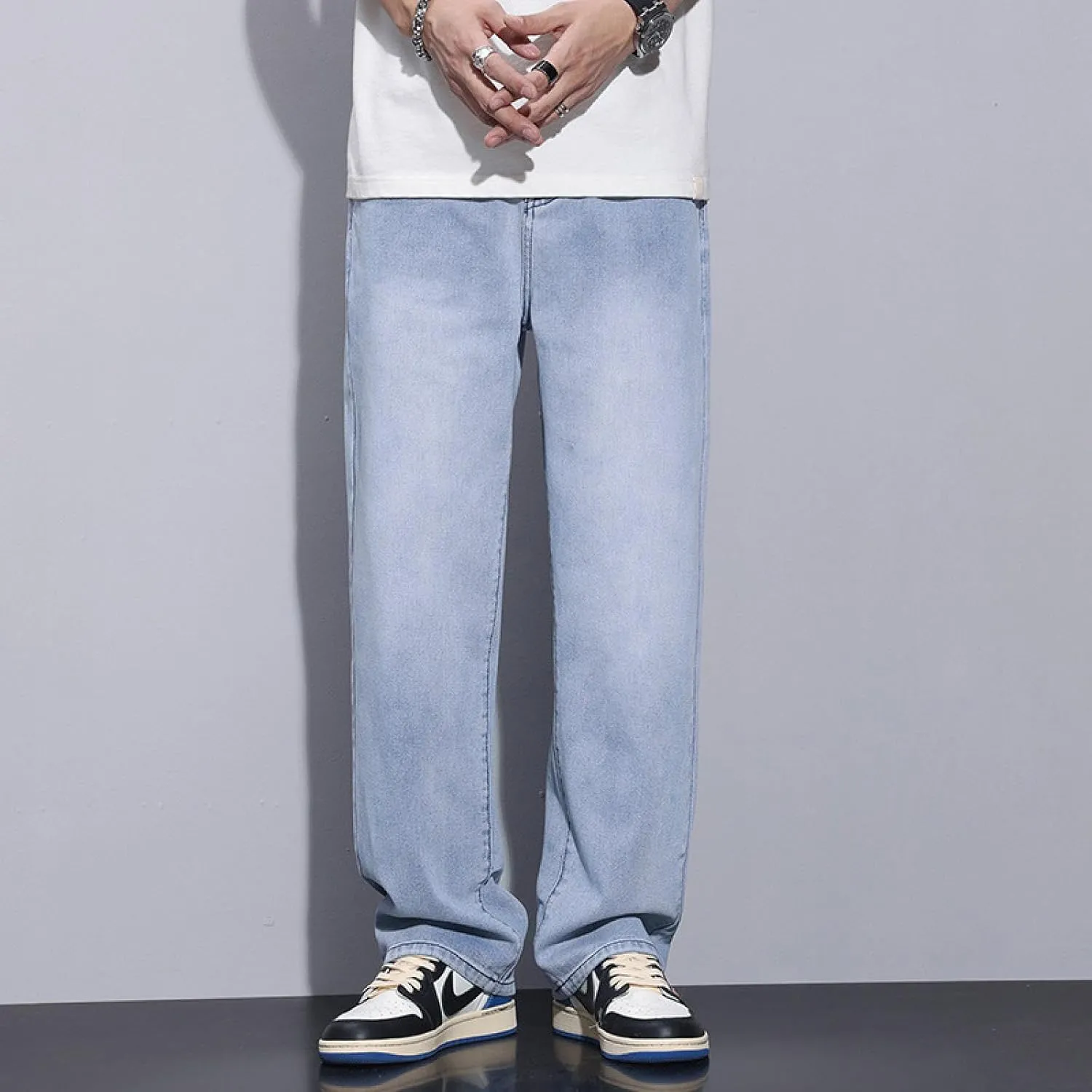 Loose Straight-Leg mop Pants, Wide-Leg Jeans, Men's Trousers