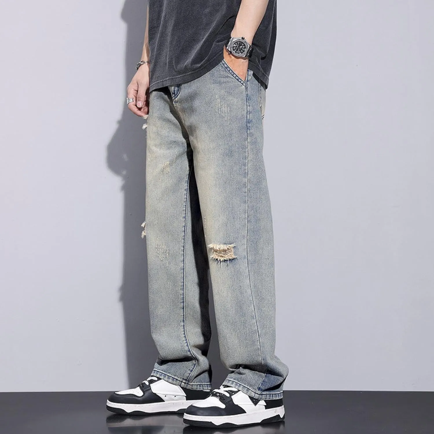 Loose Straight-Leg mop Pants, Wide-Leg Jeans, Men's Trousers