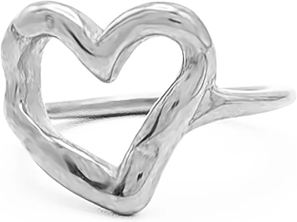 Loqimu Irregular Hammered Hollow Heart Rings Gold Stainless Steel Statement Rings for Women Minimalist Stackable Midi Rings Size 6 7 8 Wedding Finger Jewelry