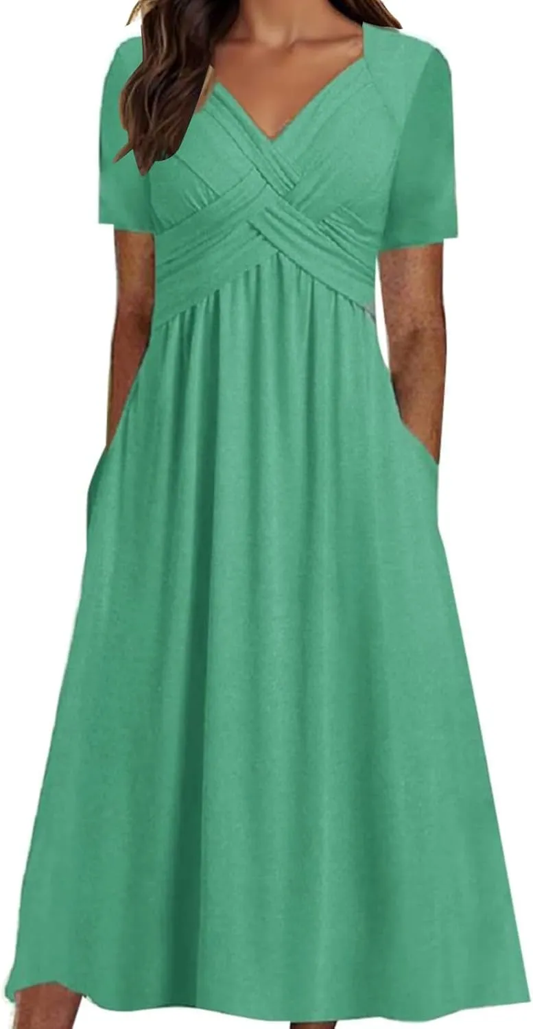 Maxi Dresses for Women V Neck Short Sleeve Maxi Dresses Ruffle Waist Pleated Hem Flowy Swing Dress Dressy Dress 2025