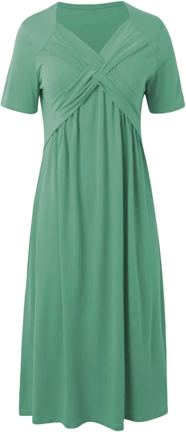 Maxi Dresses for Women V Neck Short Sleeve Maxi Dresses Ruffle Waist Pleated Hem Flowy Swing Dress Dressy Dress 2025