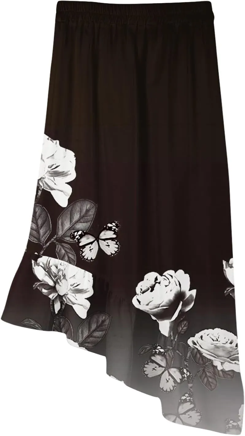 Maxi Skirts for Women Comfy Tiered Elastic High Waisted Skirt Vacation A-Line Asymmetrical Elegant Summer Long Skirts