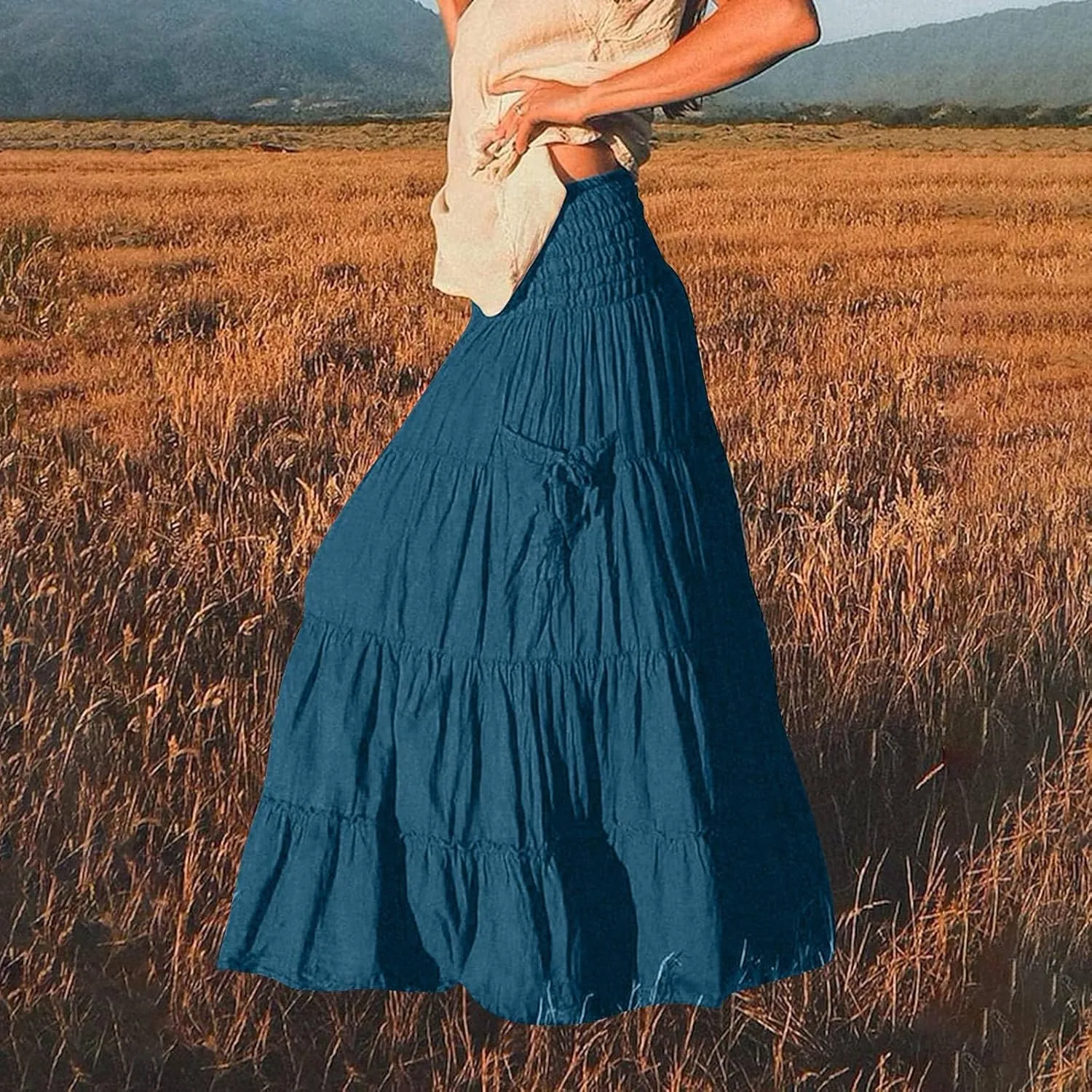 Maxi Skirts for Women Summer Elastic High Waist Flowy Boho Classic Pleated Tiered Beach Long Dress with Pockets