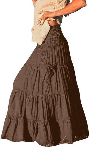 Maxi Skirts for Women Summer Elastic High Waist Flowy Boho Classic Pleated Tiered Beach Long Dress with Pockets