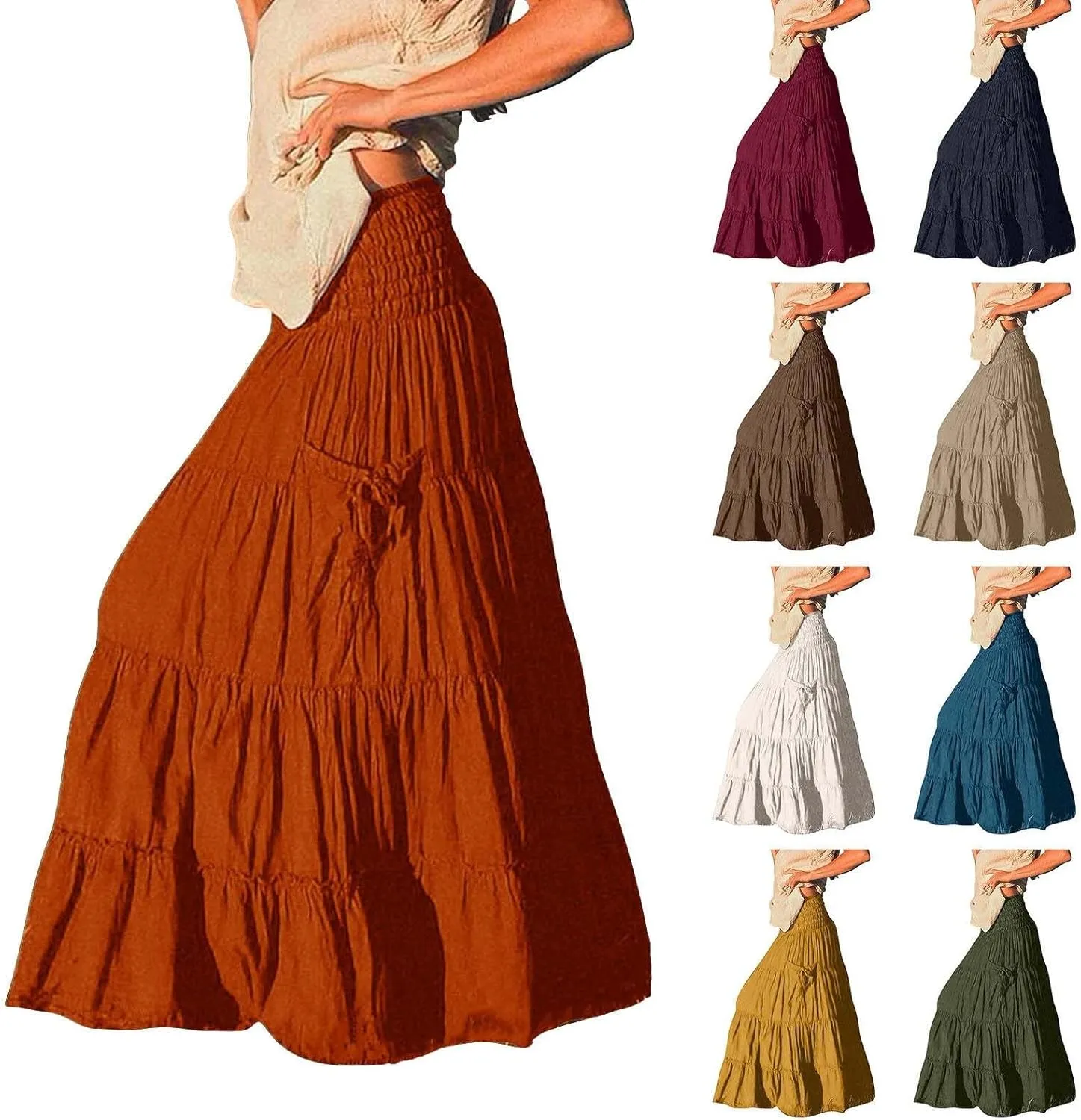 Maxi Skirts for Women Summer Elastic High Waist Flowy Boho Classic Pleated Tiered Beach Long Dress with Pockets