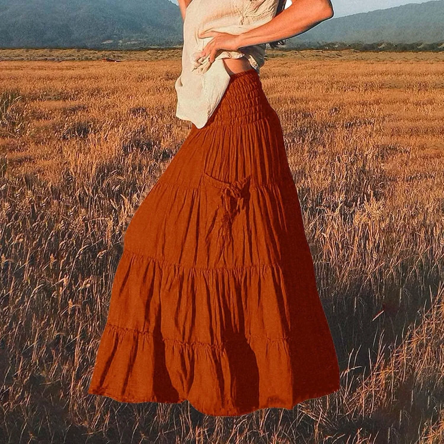 Maxi Skirts for Women Summer Elastic High Waist Flowy Boho Classic Pleated Tiered Beach Long Dress with Pockets