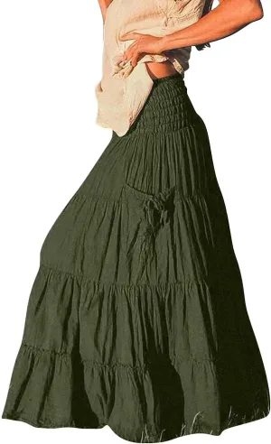 Maxi Skirts for Women Summer Elastic High Waist Flowy Boho Classic Pleated Tiered Beach Long Dress with Pockets