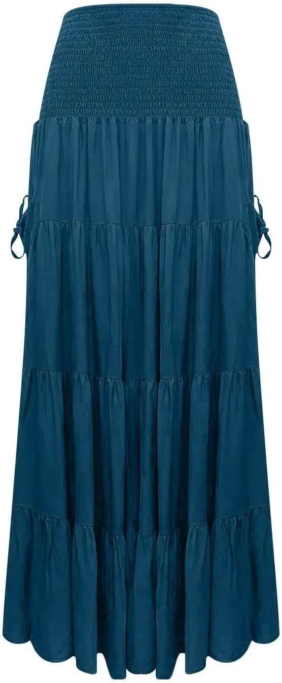 Maxi Skirts for Women Summer Elastic High Waist Flowy Boho Classic Pleated Tiered Beach Long Dress with Pockets