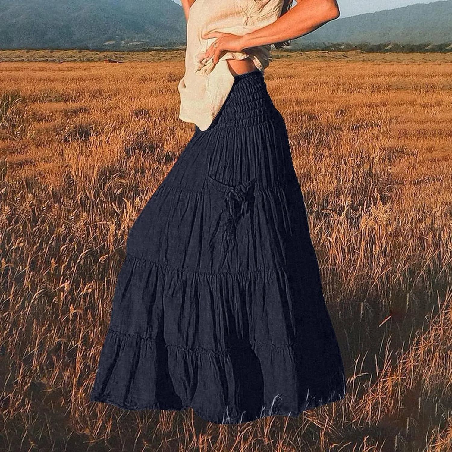 Maxi Skirts for Women Summer Elastic High Waist Flowy Boho Classic Pleated Tiered Beach Long Dress with Pockets